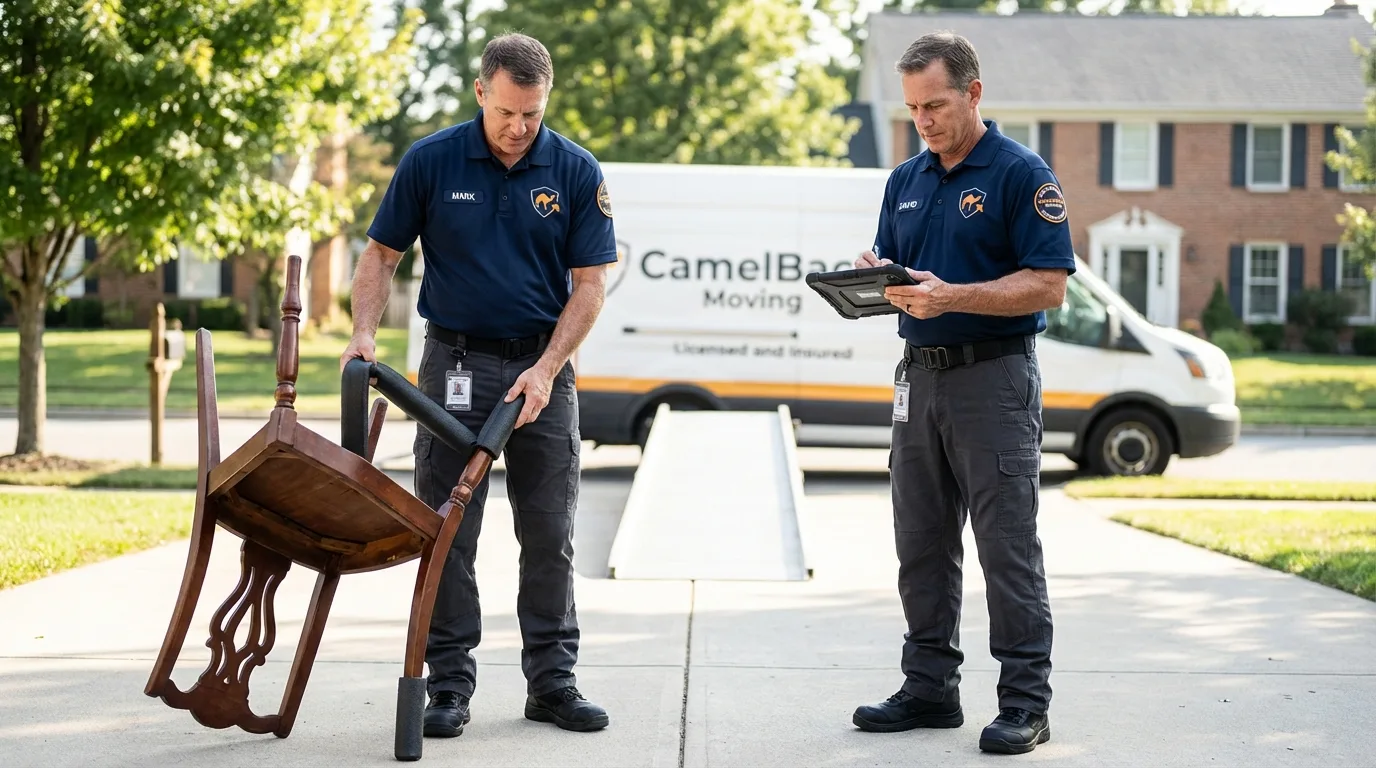 Movers inspecting furniture for damage prevention before loading in Saint Michaels, AZ