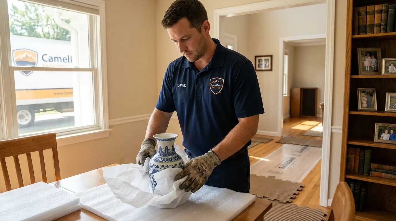 Professional crew carefully wrapping antique vase for senior downsizing move in Saint Michaels, AZ